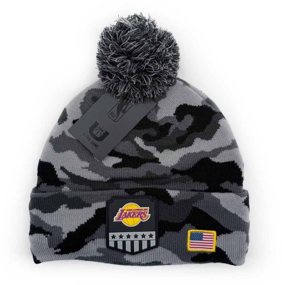 LA Los Angeles Lakers Beanie Winter Hat Salute to Service NBA Gray Black Camo